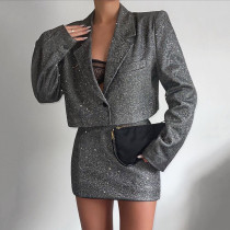 Small suit suit Autumn and winter fashion lapel long sleeve high waist short skirt suit