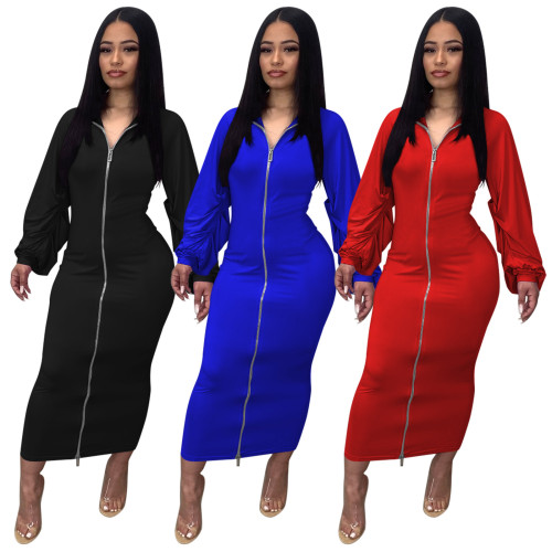 Solid double zipper pleated sleeve dress