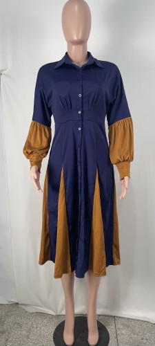 Women's autumn and winter long sleeved shirt color matching dress