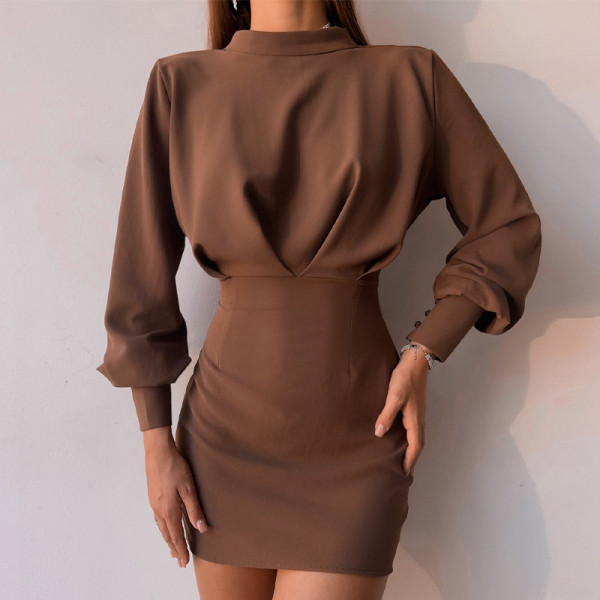 Solid color long sleeve temperament waist bag hip dress