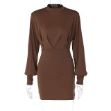 Solid color long sleeve temperament waist bag hip dress