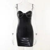 PU leather diamond chain sling hip wrap dress black sexy temperament commuter slim dress