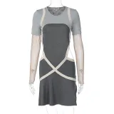 Slim fitting contrast mesh long sleeve sexy backless short pleated dress