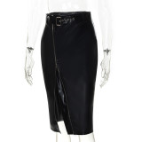 New fashion high waist PU personality irregular zipper skirt