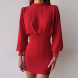 Solid color long sleeve temperament waist bag hip dress