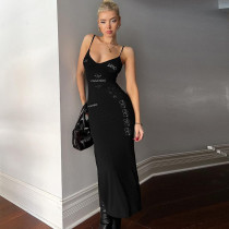 Basic printed dress Fashion temperament Women's sexy backless sleeveless black dress