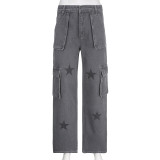 Low rise denim overalls Star print large pocket design straight casual pants