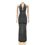Sexy Deep V Backless Nightclub Evening Dress Hot Drill Perspective Dress