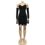 Fashionable women's bodice ruffle lace up long sleeved short skirt dress