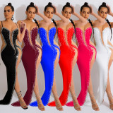 Fashion Women's Solid Hot Diamond Long Dress V-Neck Sleeveless Strap Dress