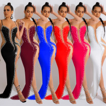 Fashion Women's Solid Hot Diamond Long Dress V-Neck Sleeveless Strap Dress