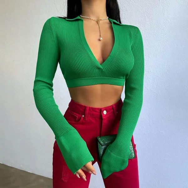 Sexy Deep V Chest Polo Collar Woolen Short Long Sleeve T-Shirt