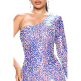 Fashionable sexy wrap hip A-line sequin dress one shoulder long sleeve dress