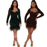 Sexy Perspective Hot Drill Dress Long Sleeve Feather Dress