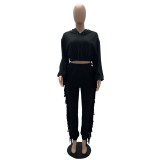 Open navel hooded sweater fashion tassel edge leggings autumn and winter two-piece set