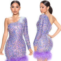 Fashionable sexy wrap hip A-line sequin dress one shoulder long sleeve dress