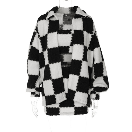 Black and white checkered thickened plush long sleeve coat chest skirt three piece suit