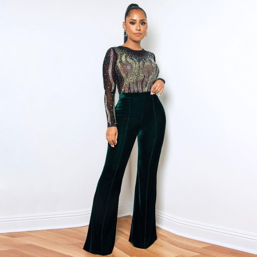 Sexy round neck perspective polyester mesh splicing velvet loose jumpsuit fashion hot drilling