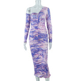 Autumn sloping neck pleated print long sleeve medium long pullover dress