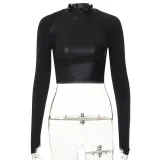 Clean color long sleeve splicing short PU street spice top