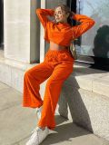 Autumn and winter casual fashion long sleeved hooded sweater wide leg pants two-piece set