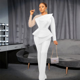 Mesh spliced beaded jumpsuit with a slim waist