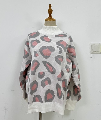 Half high neck leopard print autumn and winter sweater women's long sleeve temperament knitting top