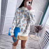 Half high neck leopard print autumn and winter sweater women's long sleeve temperament knitting top