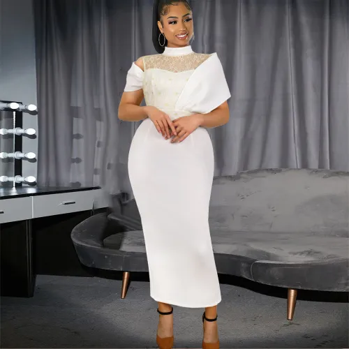 Temperament small stand collar dress, careful machine, birthday party, lace splicing one-step dress