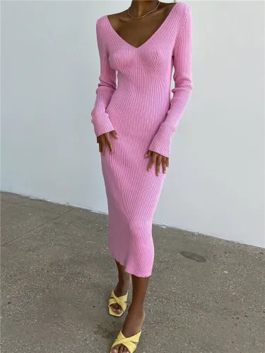 Sexy Long Sleeve Long Split Strap Backless Sweater Dress