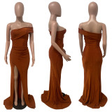 Women's sloping shoulder, straight neck, silk, bright surface, floor length dress, split evening dress, long skirt