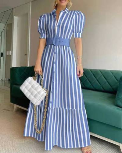 Long striped belt lined dress