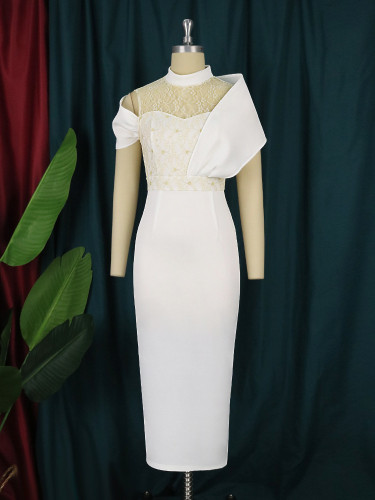 Temperament small stand collar dress, careful machine, birthday party, lace splicing one-step dress
