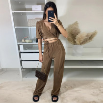 Temperament pit V-neck short shirt high waist straight trousers casual suit