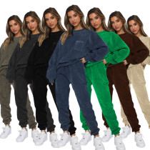 Corduroy Solid Round Neck Pullover Long Sleeve Two Piece Fashion Pants Set