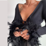 Knitted strap V-neck cardigan with exposed navel long sleeve T-shirt Women's sexy slim top