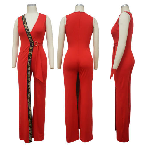Deep v slim fitting jumpsuit simple fashion trousers with belt