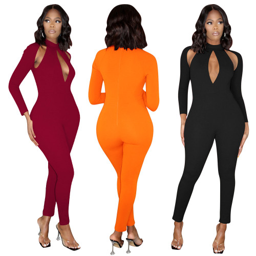 Solid color long sleeve invisible zipper sexy hollow hip jumpsuit
