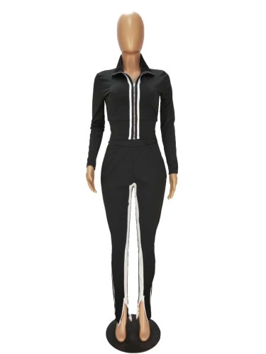 Personalized color blocking zipper leg slit sports suit