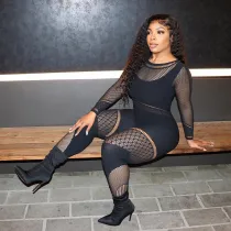 Fashion perspective hollow sexy long sleeve mesh one-piece trousers