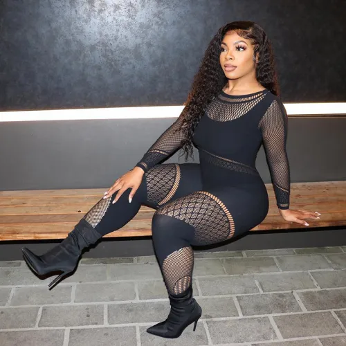 Fashion perspective hollow sexy long sleeve mesh one-piece trousers