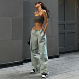 Drawstring waist casual straight trousers Fashion trend Women's simple loose overalls