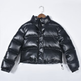 Long sleeve warm PU leather stand collar zipper women's cotton coat