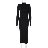 Fashion solid color slim fitting high collar long sleeve temperament dress