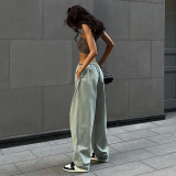 Drawstring waist casual straight trousers Fashion trend Women's simple loose overalls
