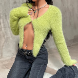 Solid casual open navel long sleeve cardigan slim wool T-shirt top