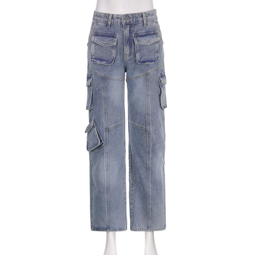 Workwear style multi pocket design straight jeans, low waist, worn out and slim casual pants