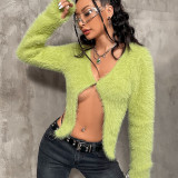 Solid casual open navel long sleeve cardigan slim wool T-shirt top