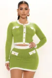 Autumn and winter threaded round neck color contrast long sleeve short skirt temperament suit