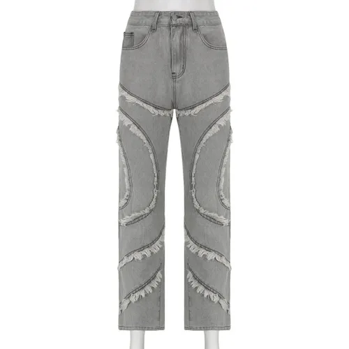 Trendy three-dimensional wool fringed fashion hip pants Spice Girls' high waist straight casual jeans